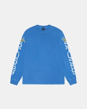 Stussy Jumbo LS Tee Pigment Dyed T-Shirt Blue | Israel-84275