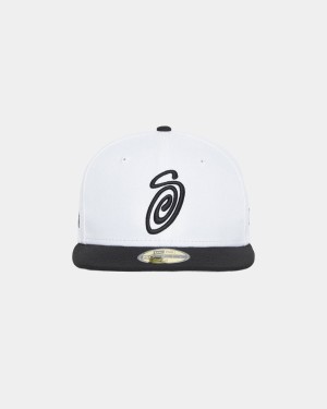 Stussy New Era 59fifty Curly S Caps White/Black | Israel-21348