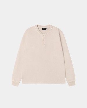 Stussy Open Hem Henley Fleece Sweater Beige | Israel-95418