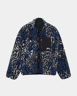 Stussy Sherpa Reversible Jackets Blue Leopard | Israel-03256