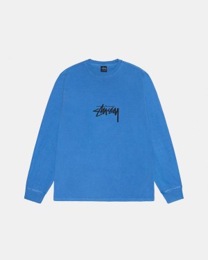 Stussy Small Stock LS Tee Pigment Dyed T-Shirt Blue | Israel-15274