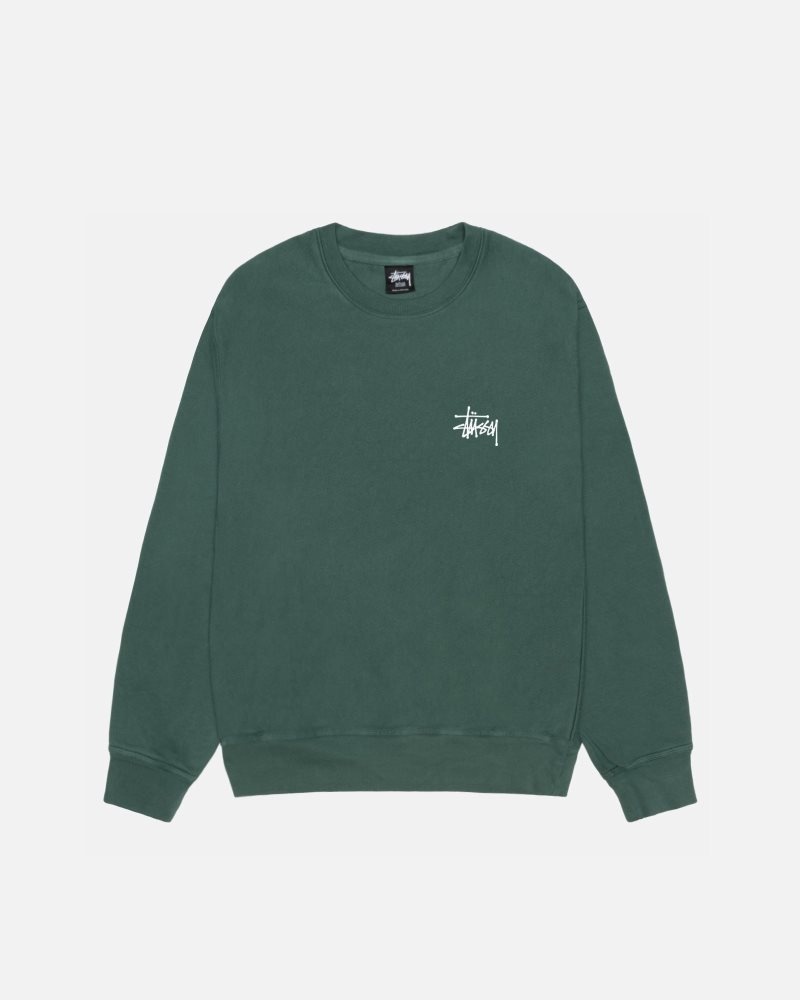 Stussy Basic Stüssy Crew Pigment Dyed Sweatshirt Forest | Israel-37092