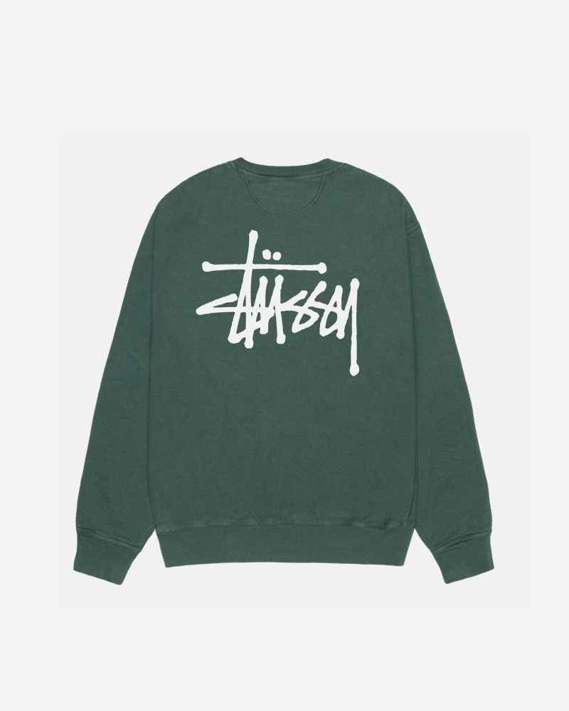 Stussy Basic Stüssy Crew Pigment Dyed Sweatshirt Forest | Israel-37092