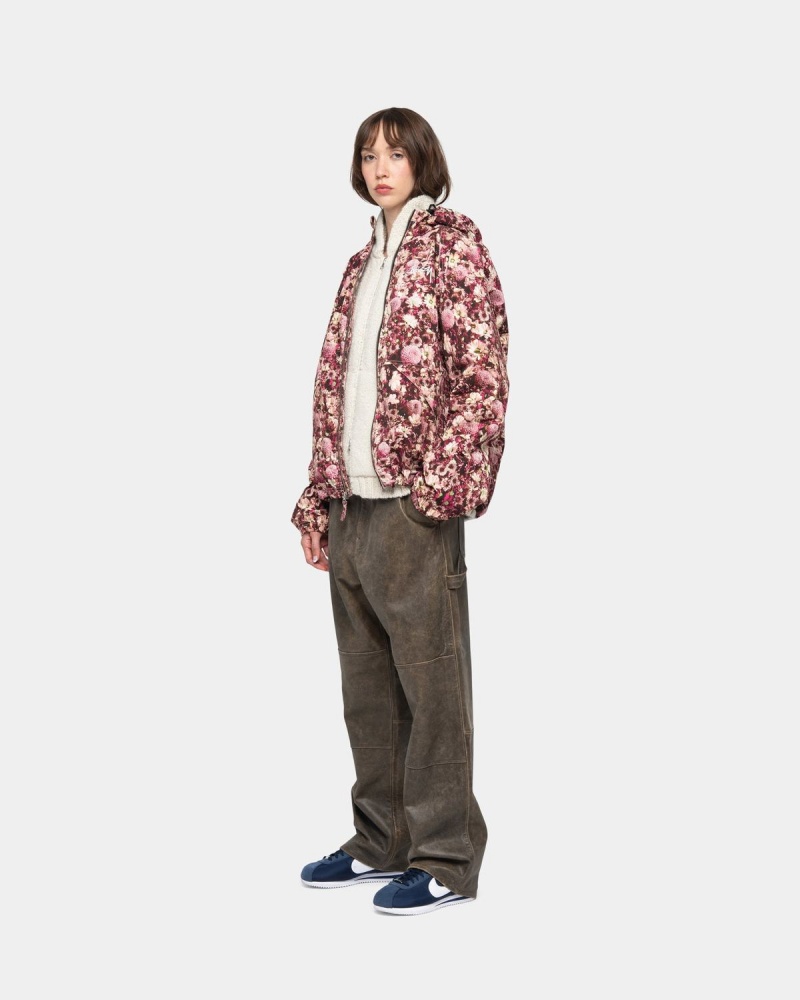 Stussy Beach Shell Floral Nylon Jackets Burgundy | Israel-03759