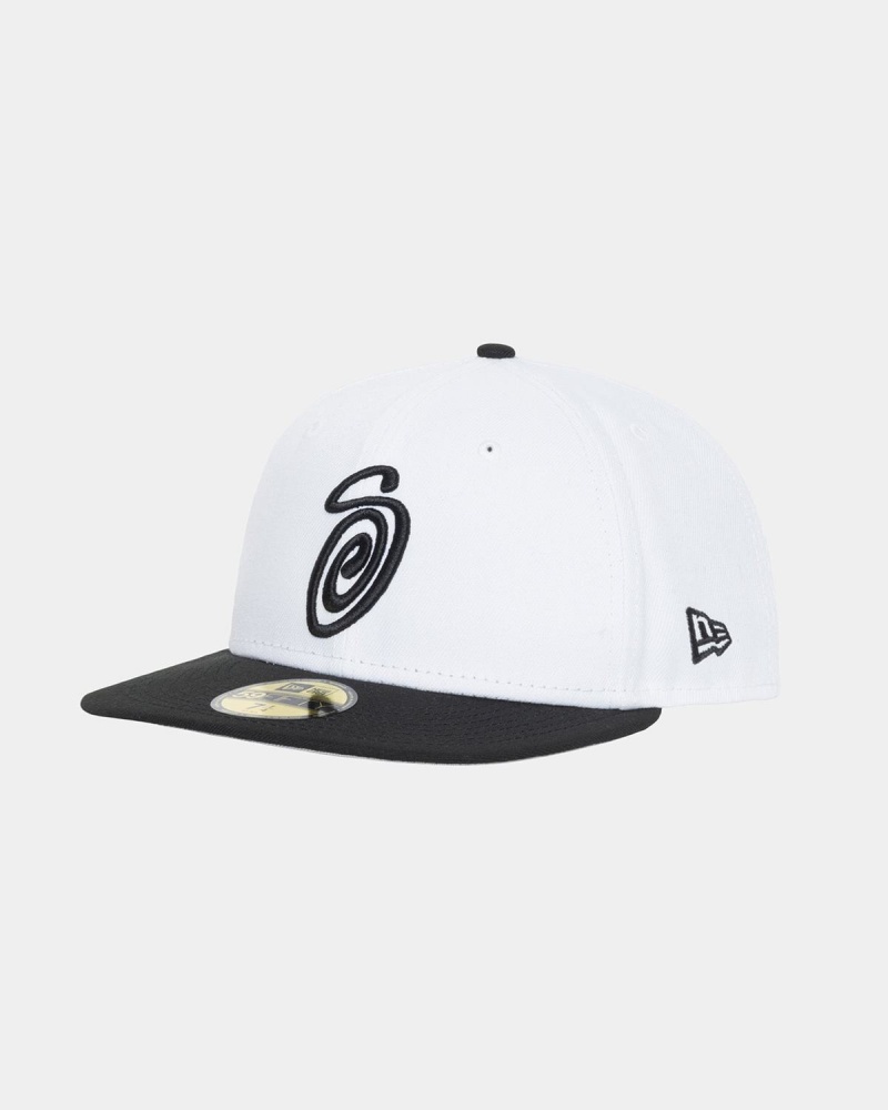 Stussy New Era 59fifty Curly S Caps White/Black | Israel-21348