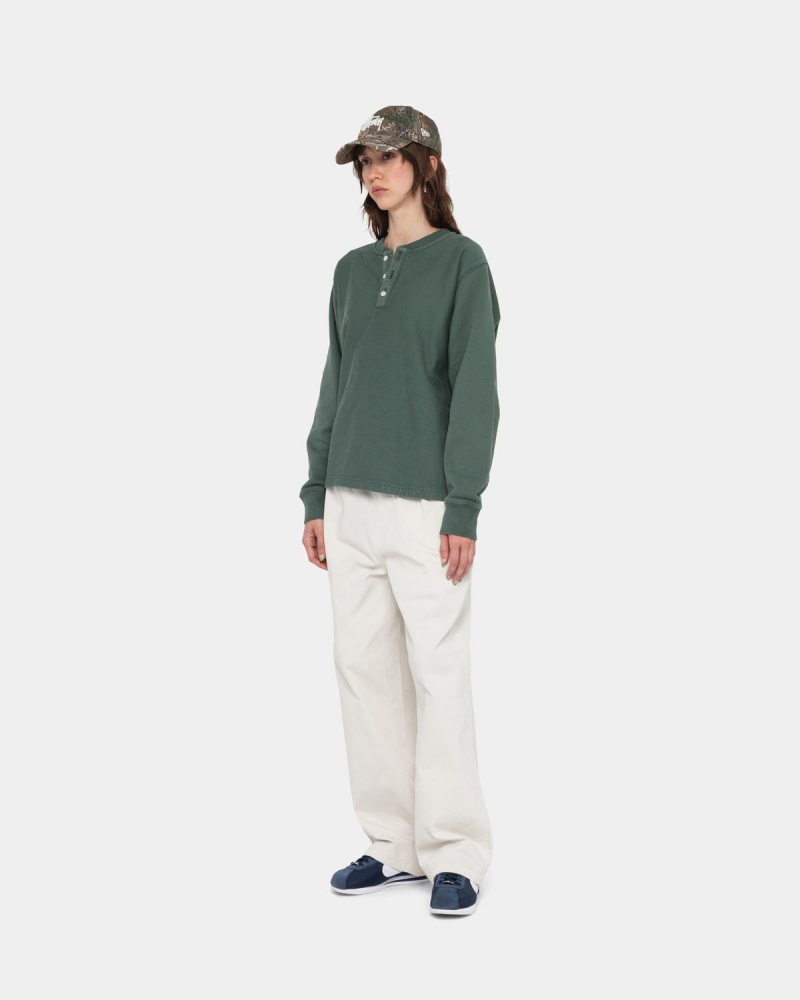 Stussy Open Hem Henley Fleece Sweater Green | Israel-53406