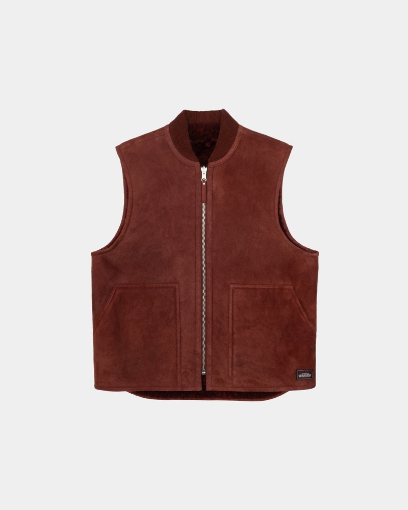 Stussy Reversible Shearling Workgear Vest Burgundy | Israel-89160