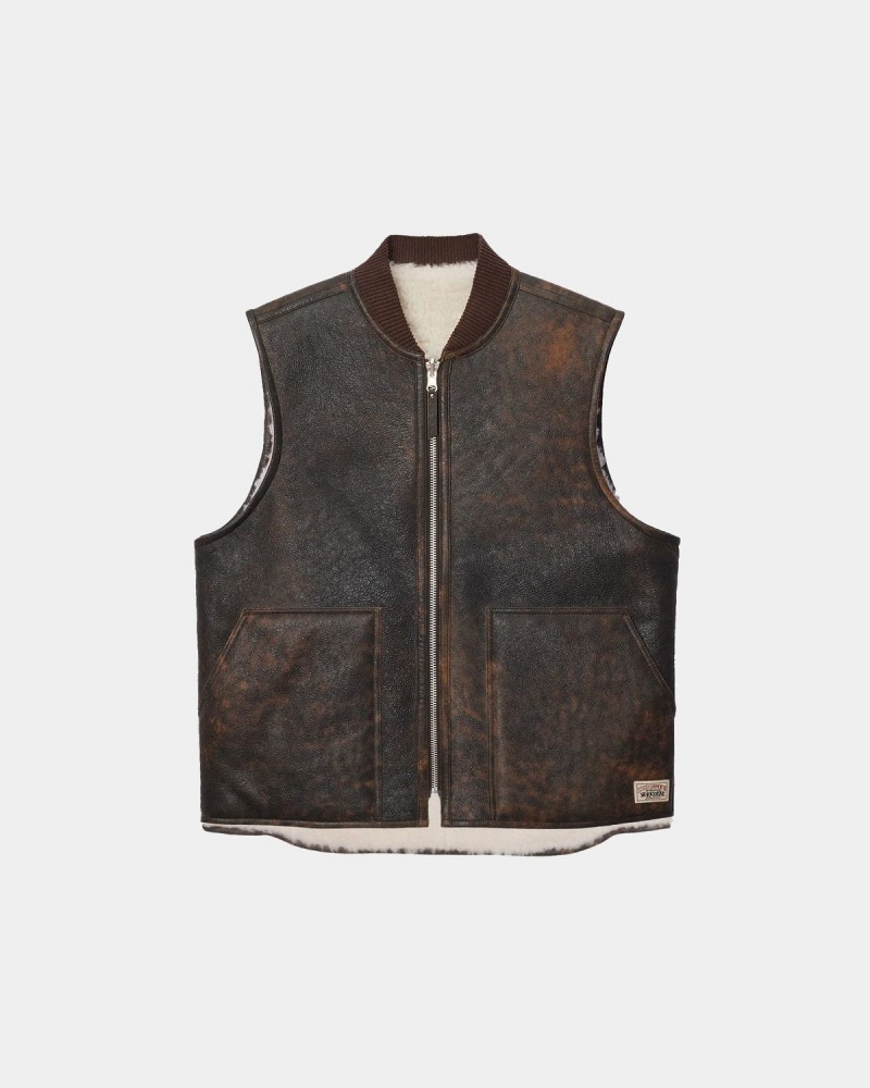 Stussy Reversible Shearling Workgear Vest Brown | Israel-36704