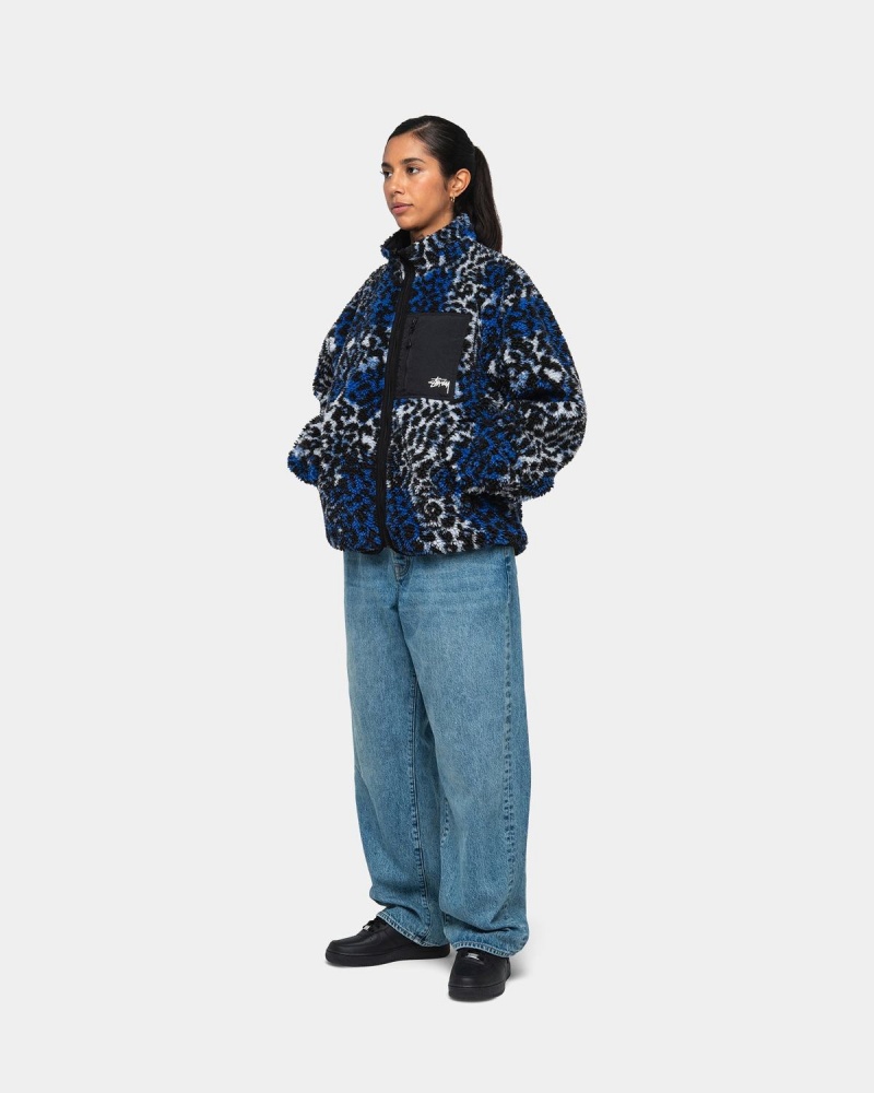 Stussy Sherpa Reversible Jackets Blue Leopard | Israel-03256