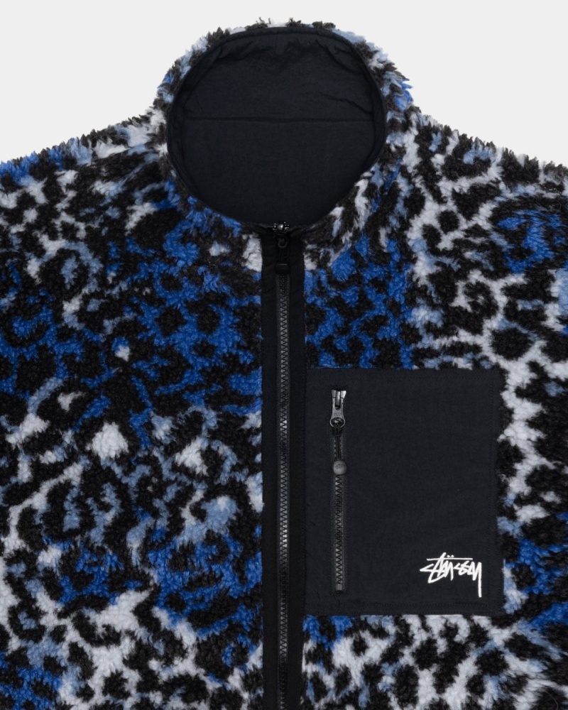 Stussy Sherpa Reversible Jackets Blue Leopard | Israel-03256