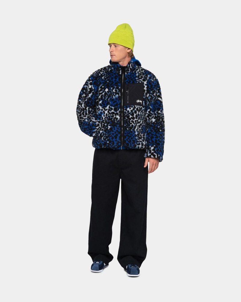 Stussy Sherpa Reversible Jackets Blue Leopard | Israel-03256