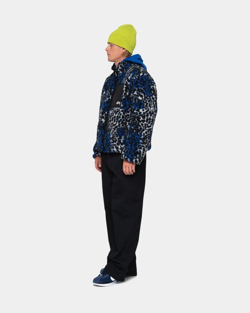 Stussy Sherpa Reversible Jackets Blue Leopard | Israel-03256