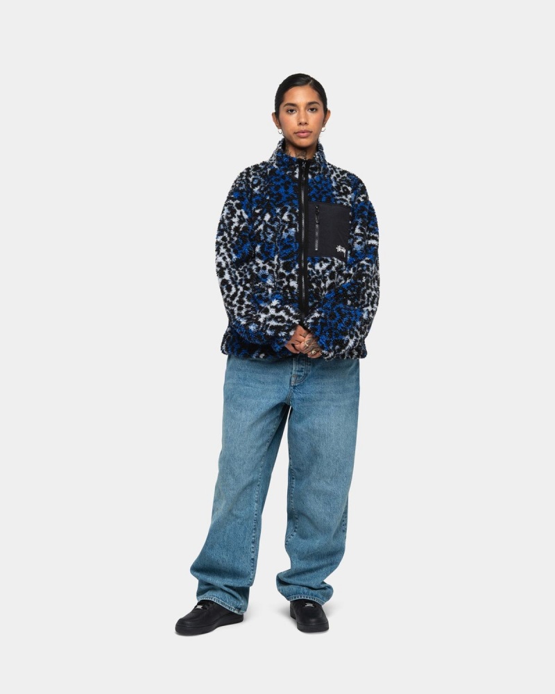 Stussy Sherpa Reversible Jackets Blue Leopard | Israel-03256