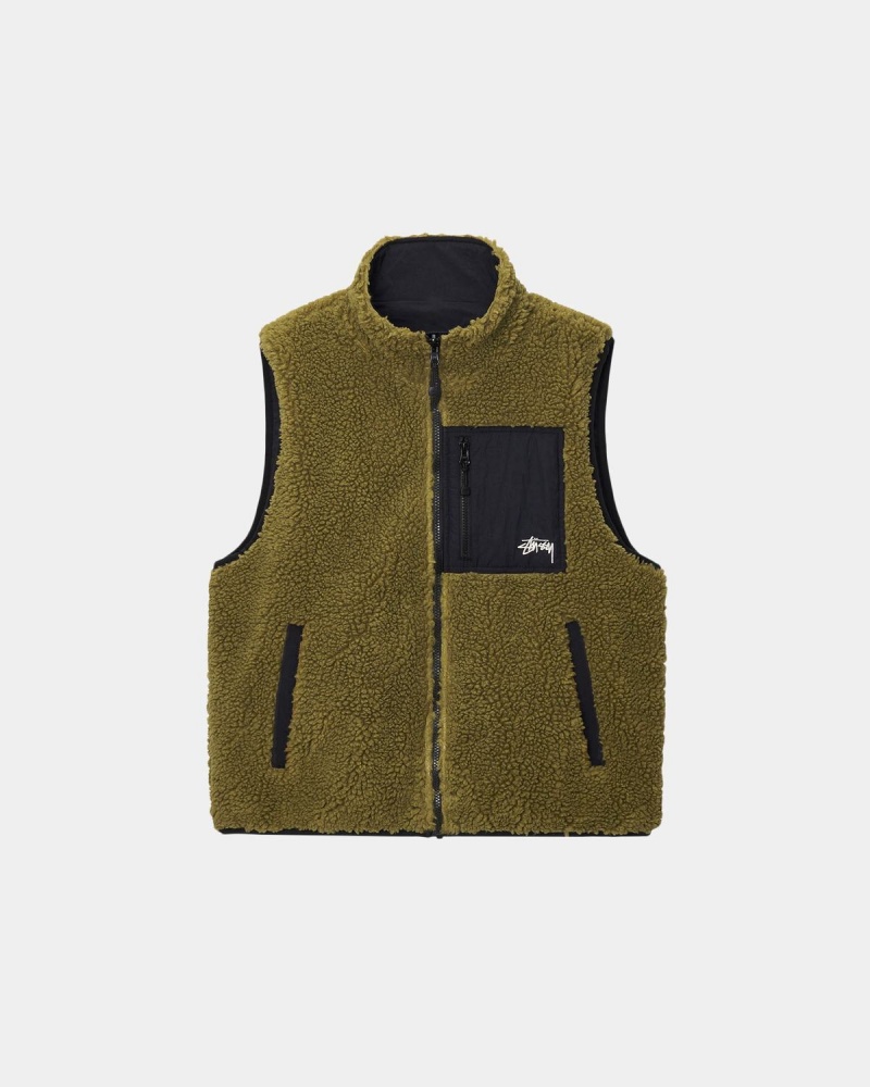 Stussy Sherpa Reversible Vest Olive | Israel-32497