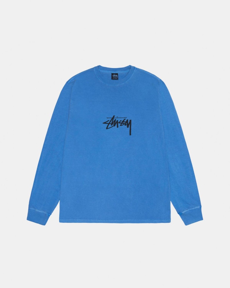 Stussy Small Stock LS Tee Pigment Dyed T-Shirt Blue | Israel-15274