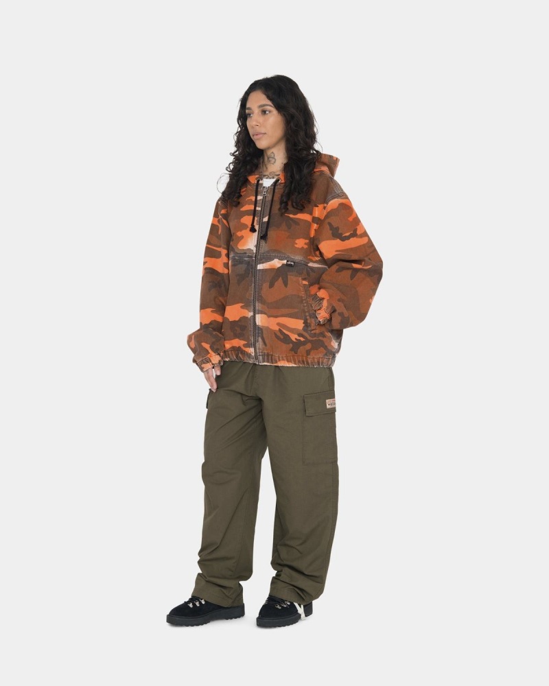 Stussy Spray Dye Hooded Work Jackets Orange Camo | Israel-58206