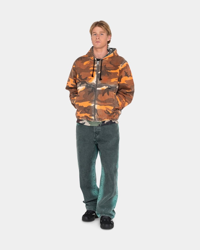 Stussy Spray Dye Hooded Work Jackets Orange Camo | Israel-58206