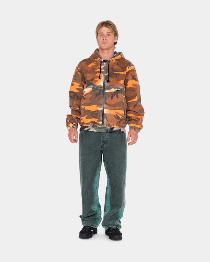 Stussy Spray Dye Hooded Work Jackets Orange Camo | Israel-58206