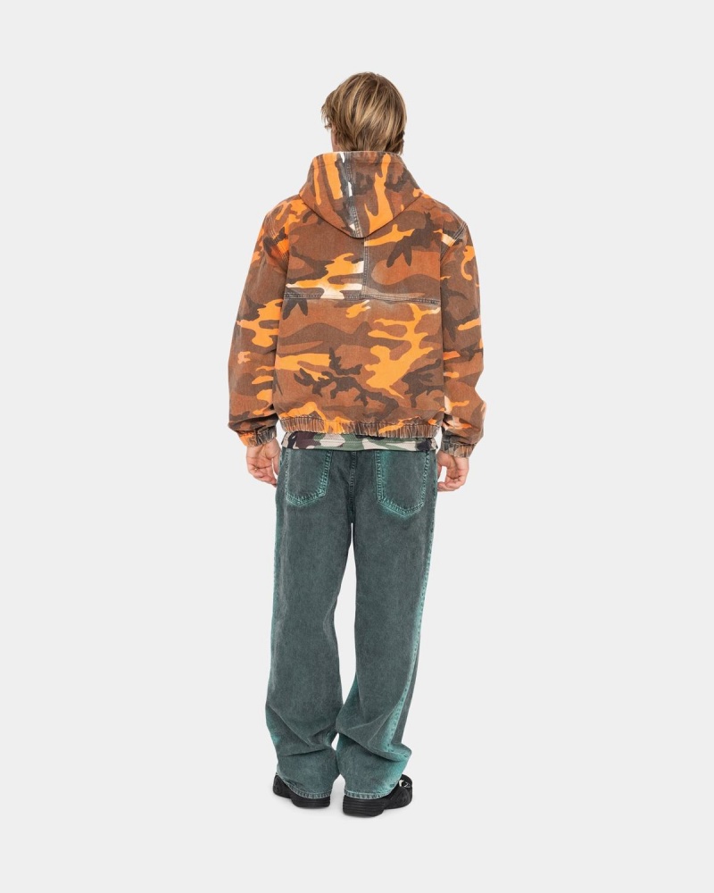 Stussy Spray Dye Hooded Work Jackets Orange Camo | Israel-58206