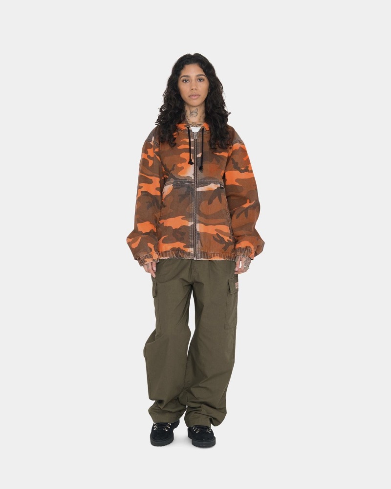 Stussy Spray Dye Hooded Work Jackets Orange Camo | Israel-58206