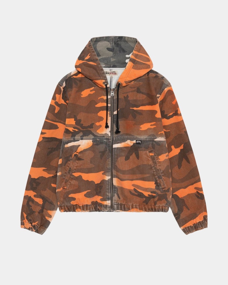 Stussy Spray Dye Hooded Work Jackets Orange Camo | Israel-58206