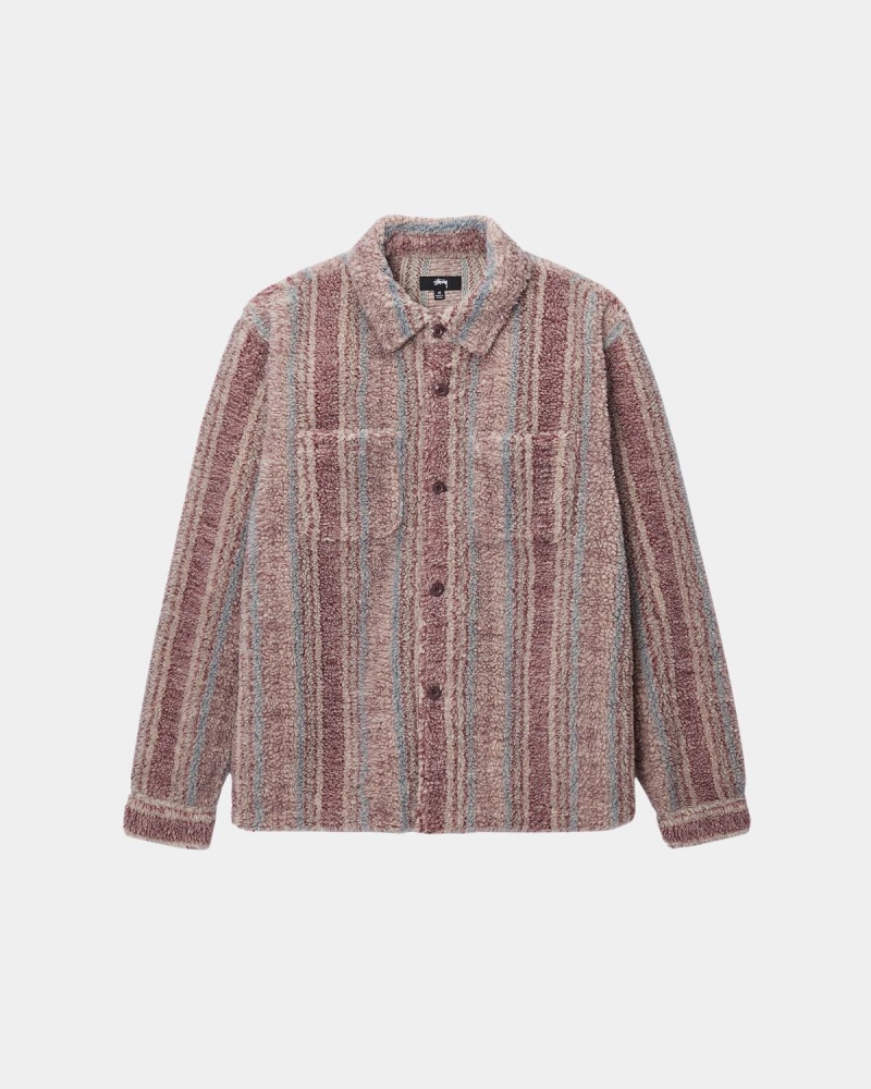 Stussy Striped Sherpa Shirts Berry | Israel-52834