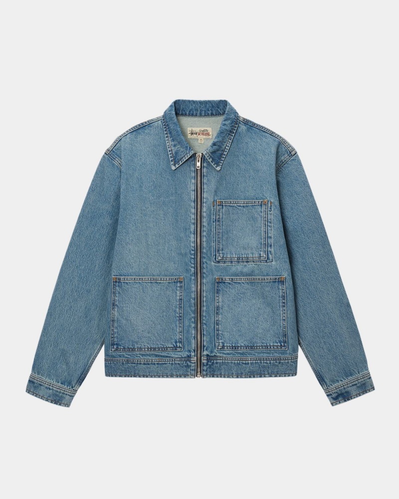 Stussy Zip Work Denim Jackets Blue | Israel-74025